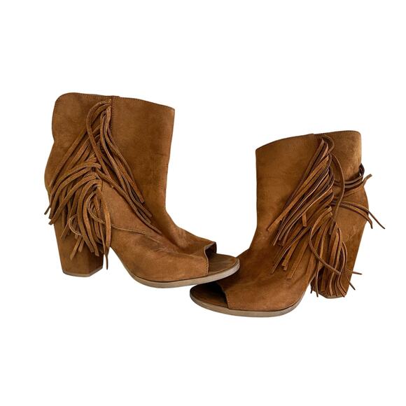 Leather soft brown boots w cutout toe fringe on sides, wedge heel cowboy sz 8 - Picture 3 of 6